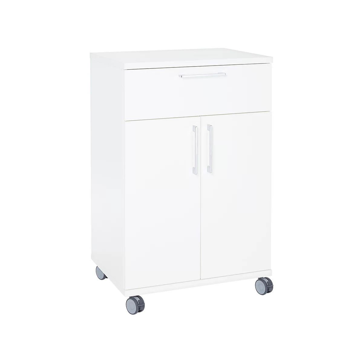 Weißer Rollcontainer mit Schublade, Doppeltür und Rollen.