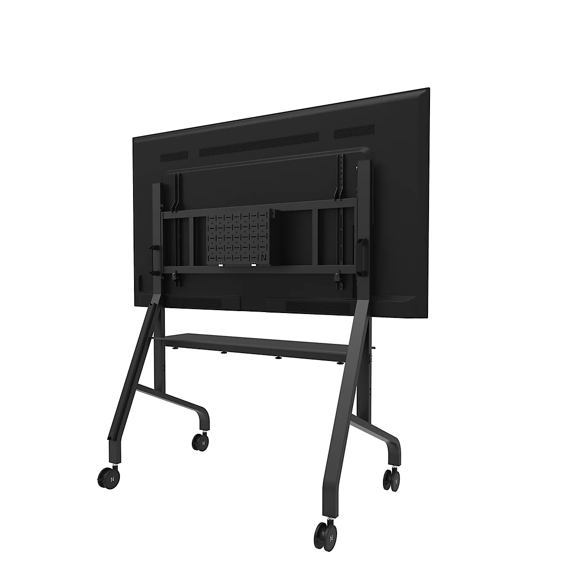 Schwarze TV-Halterung auf einem weißen, rollbaren Präsentationstisch. Die Halterung ist für die Wandmontage vorgesehen.