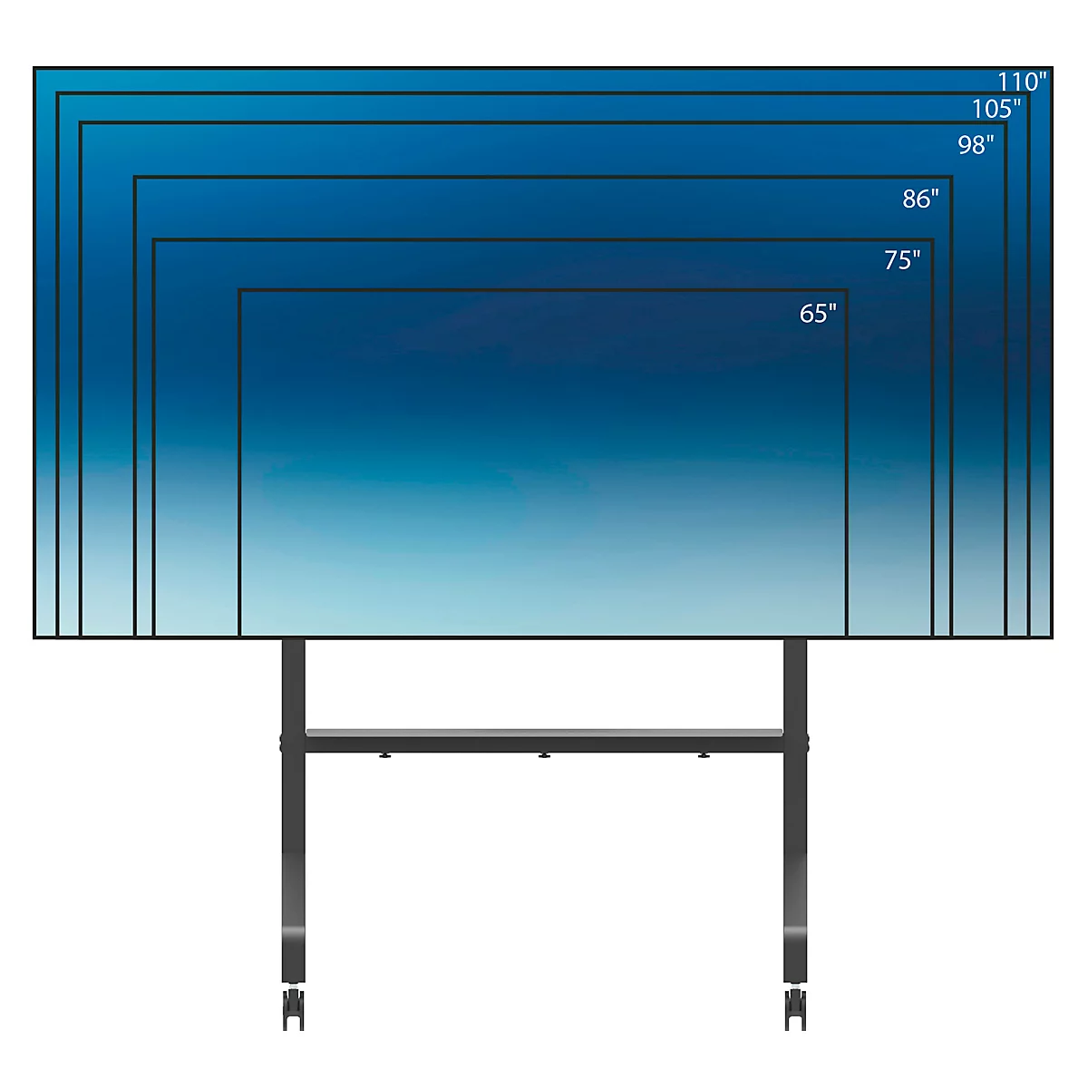 Verschiedene Bildschirmgrößen, von 65" bis 110", vor einem blauen Farbverlauf. Stehen auf einem schwarzen Gestell.