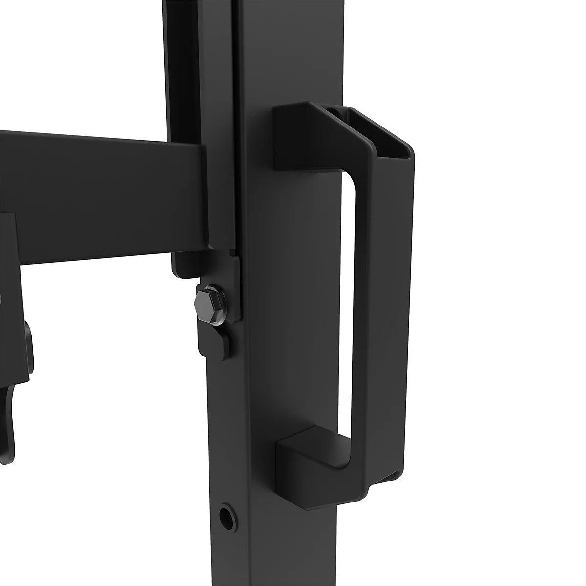Schwarze TV-Halterung an einem Gestell mit Rollen, vor weißem Hintergrund. Halterung für Fernseher. 