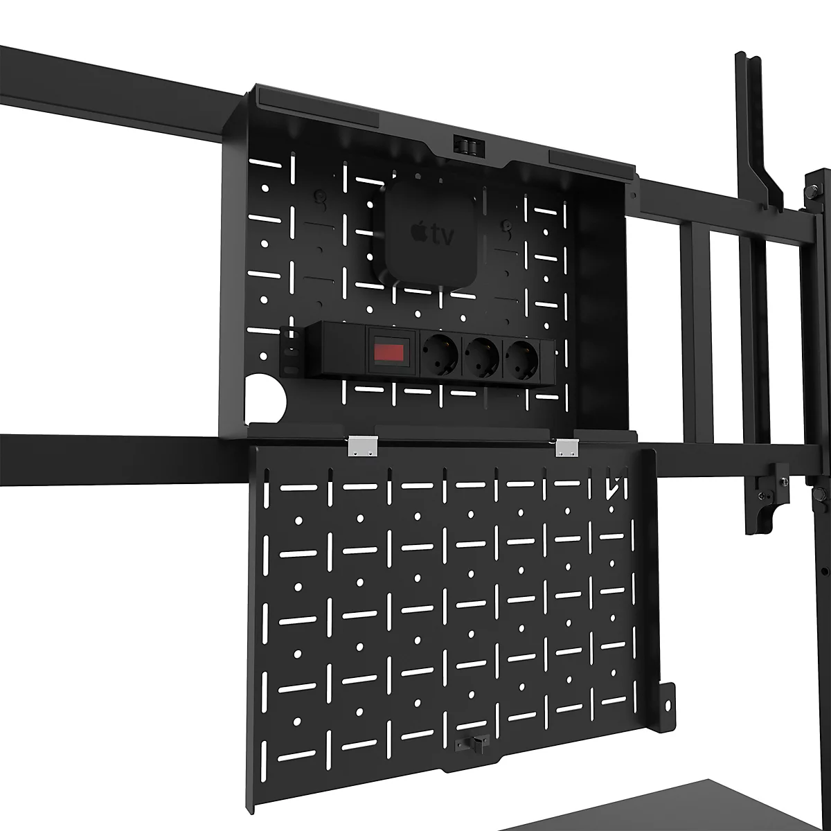 Schwarzer TV-Halter mit Löchern, Steckdosen und einem Apple TV.