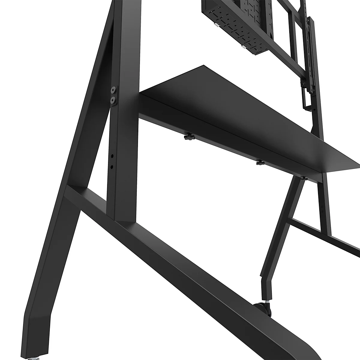 Nahaufnahme eines schwarzen Metallteils mit Griff. Ein Bolzen ist im Detail zu sehen.