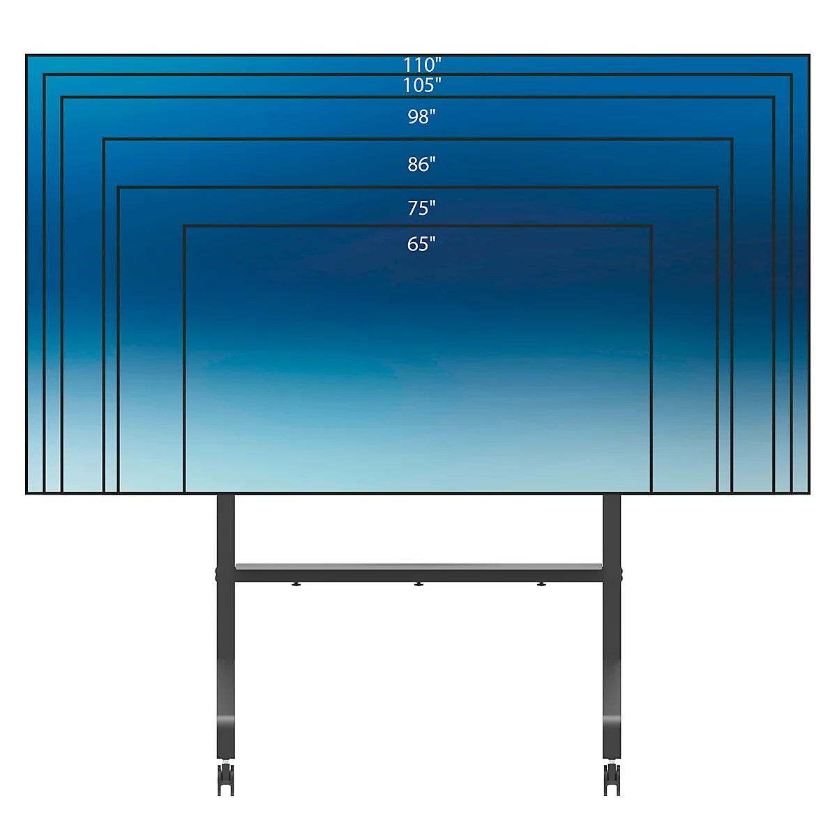 Mehrere Fernseher verschiedener Größen, von 65 Zoll bis 110 Zoll, auf einem schwarzen Ständer.