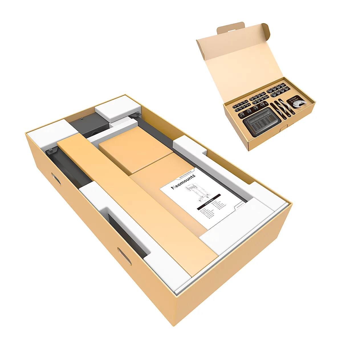 Geöffnete Produktverpackung mit Inhalt: Komponenten in Schutzpolstern, Handbuch, eine zweite Box mit Zubehör.