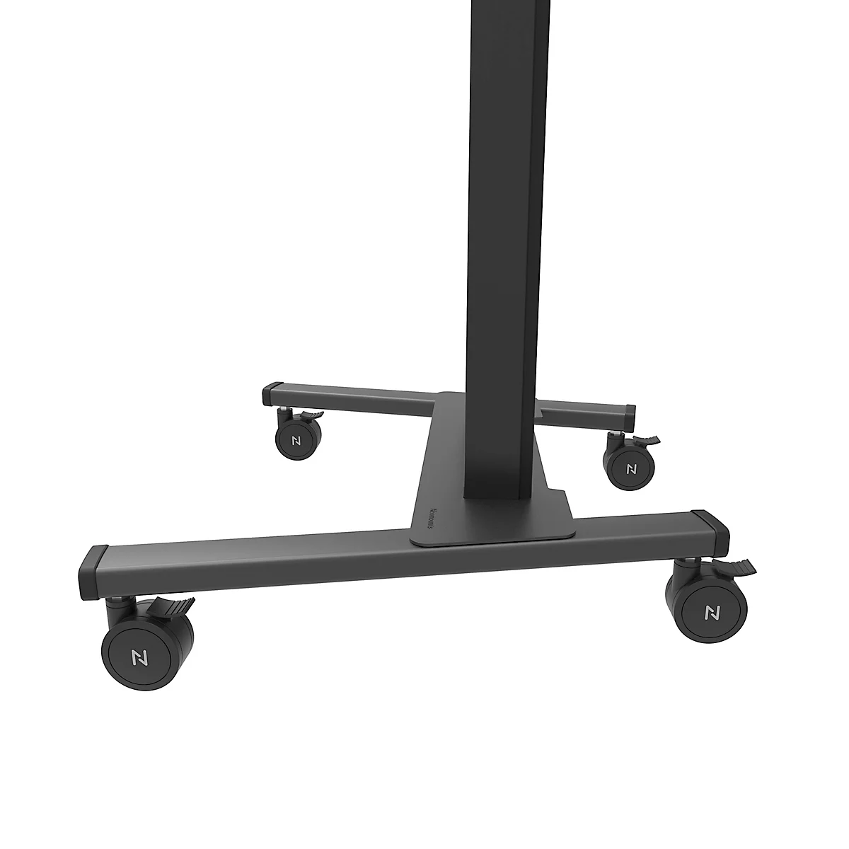 Schwarzer, rollbarer Ständer für elektronische Geräte.