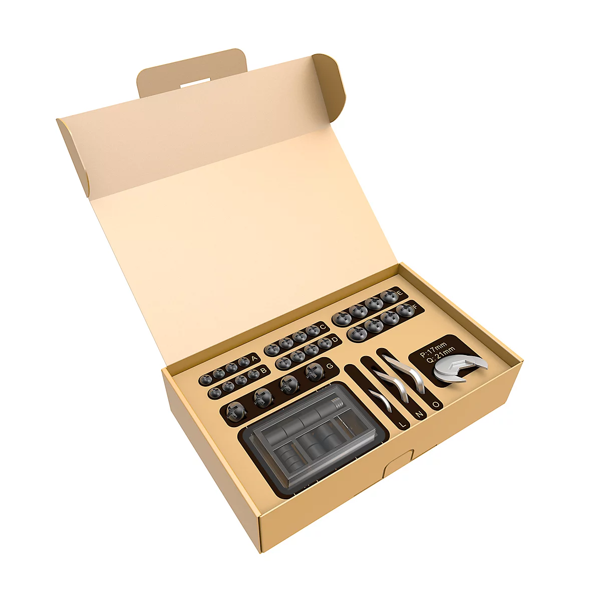 Geöffnete Verpackung mit Werkzeugen und Zubehör, darunter Schrauben, Hebel und ein Werkzeug mit Aufschrift.