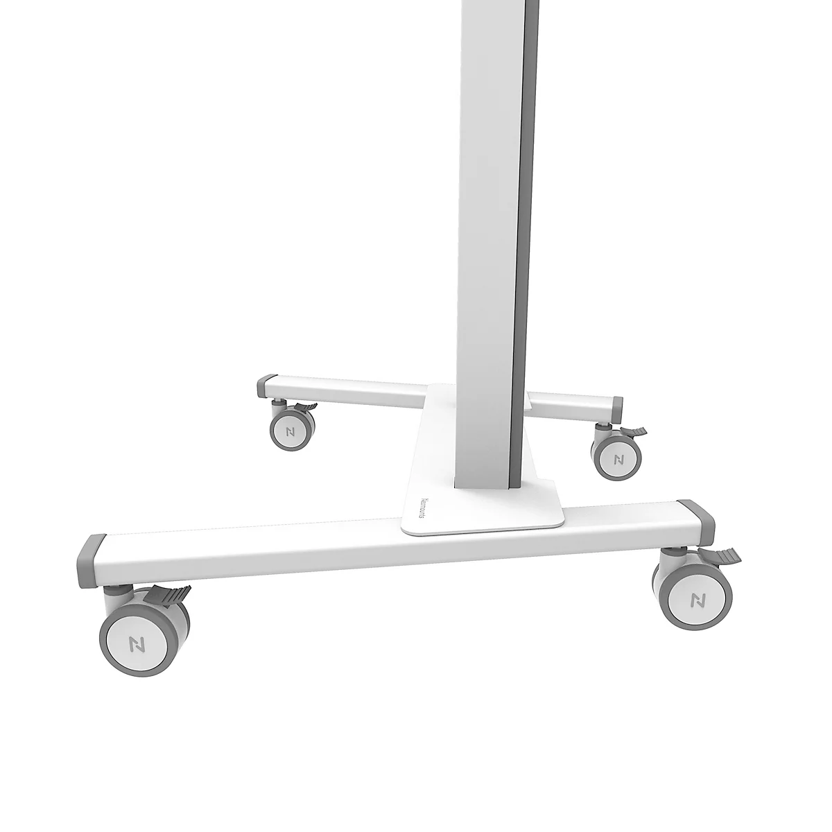 Ein weißes, rollbares Möbelstück mit vier Rädern, das eine große, senkrechte Säule trägt.