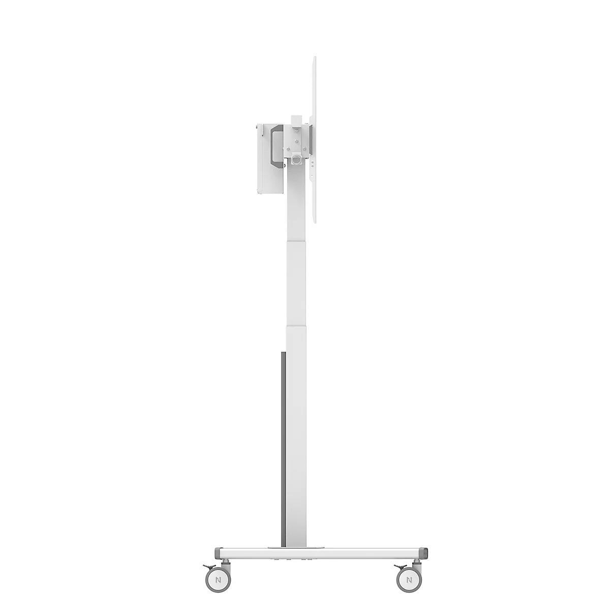 Ein weißer, mobiler Monitorständer, seitlich dargestellt, mit Rollen und höhenverstellbarer Säule.