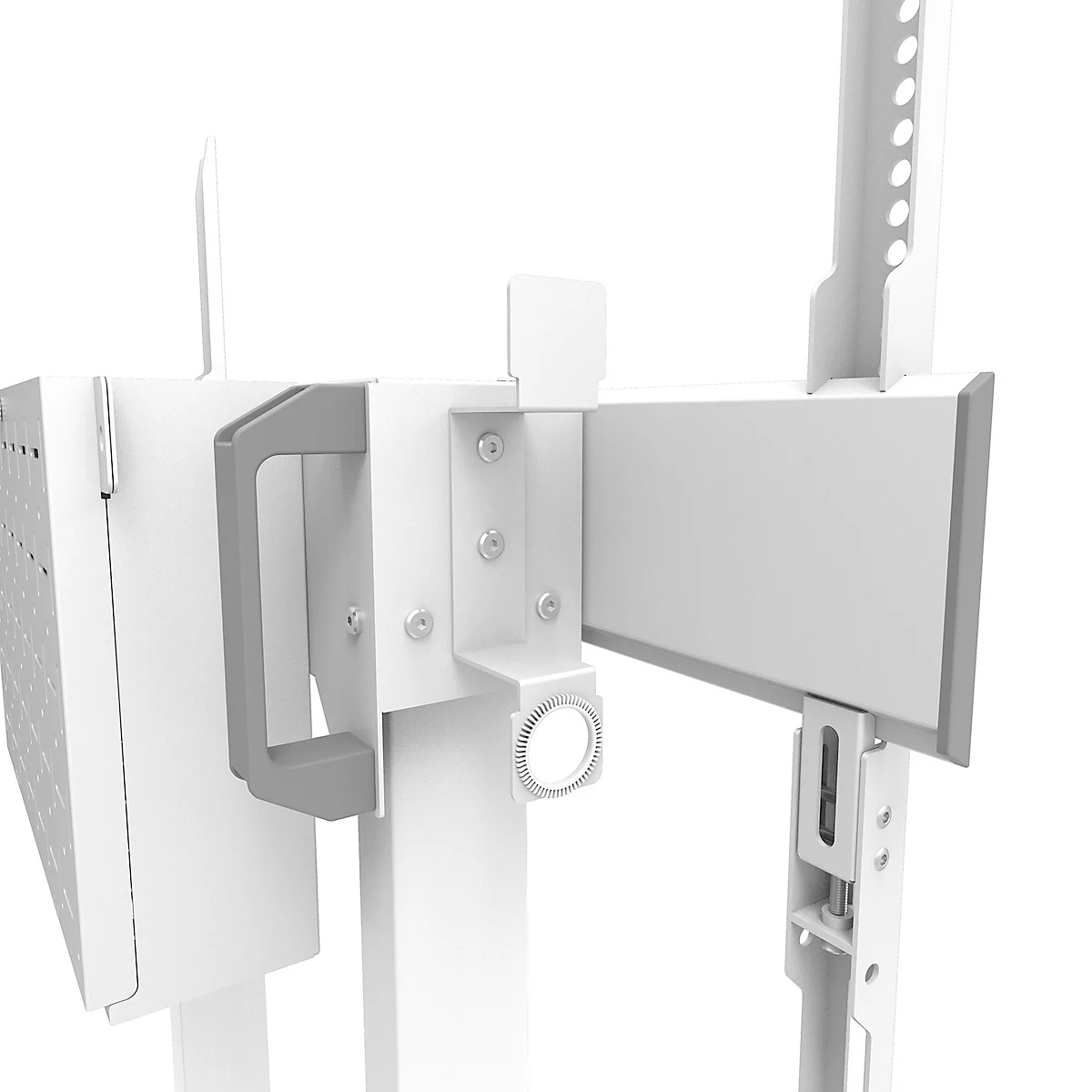 Detailansicht eines weißen Halterungssystems für elektronische Geräte mit Griff.