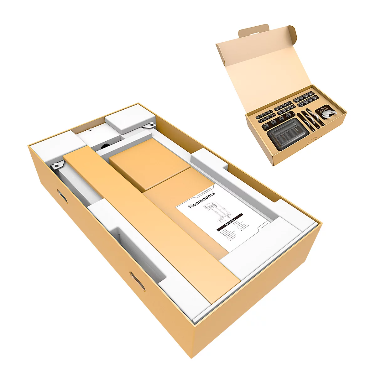 Geöffnete braune Versandkartons mit verpackten Teilen. Neben dem großen Karton ein kleinerer Karton mit Zubehör.
