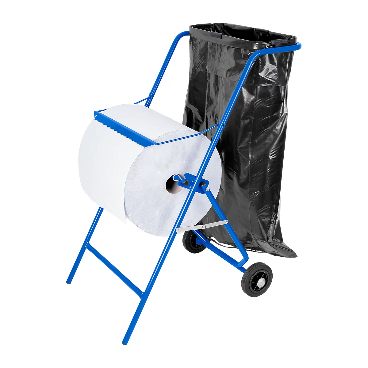 Mobiler Papierrollenhalter, für Rollenbreite 400 mm, Abreißkante & Halterung für Müllsäcke bis 120 l, B 550 x T 700 x H 900 mm