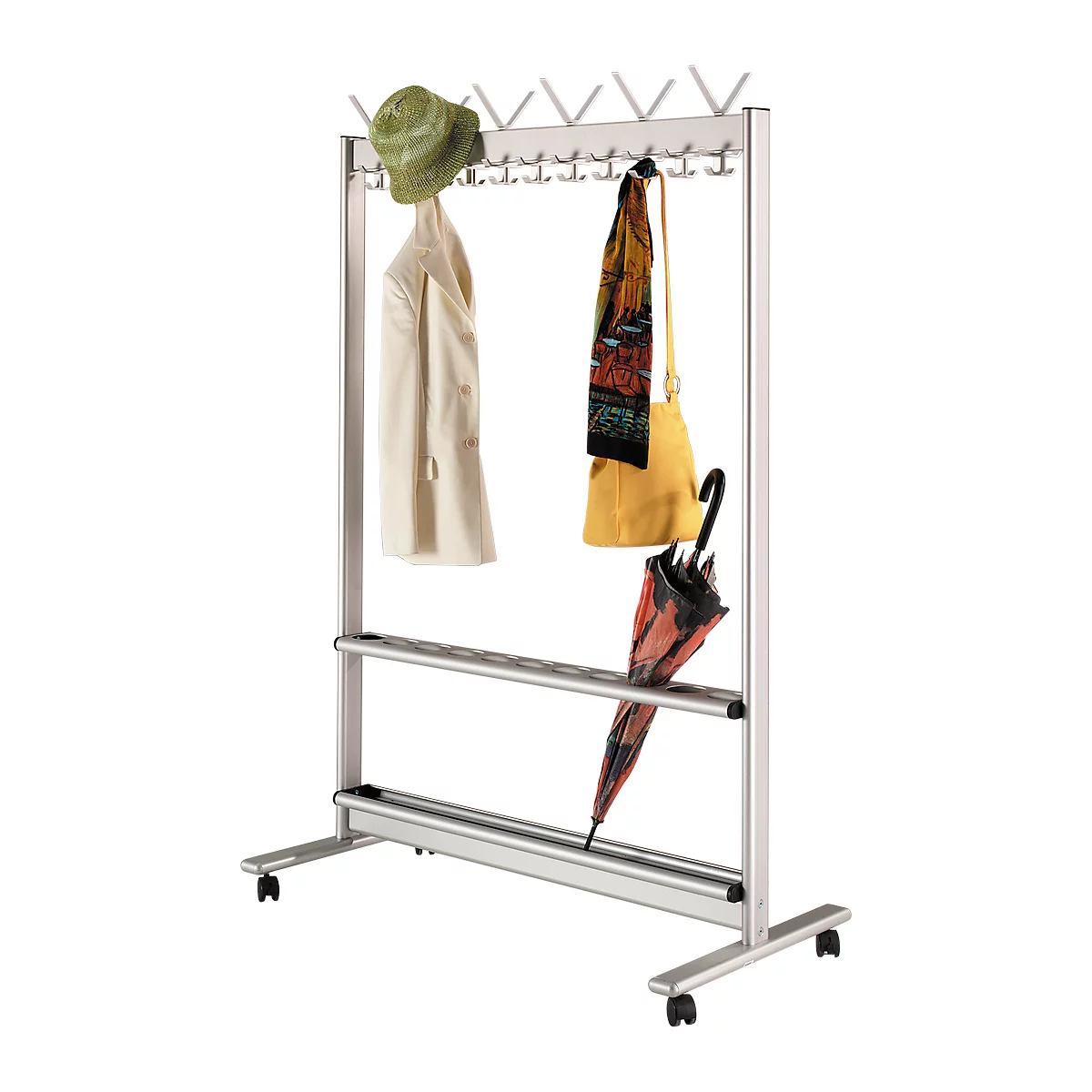 Garderobenständer mit Hut, Mantel, Schal, Tasche und Regenschirm.