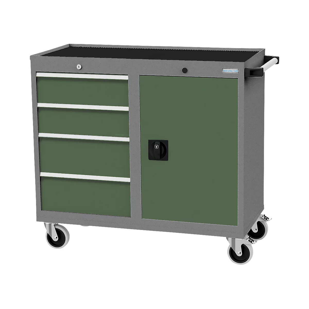 Mobiler Schubladenschrank Bedrunka+Hirth, 4 Schübe, 1 Flügeltür, Schiebegriff, abschließbar, bis 500 kg, B 1060 x T 500 x H 1000 mm, Stahlblech