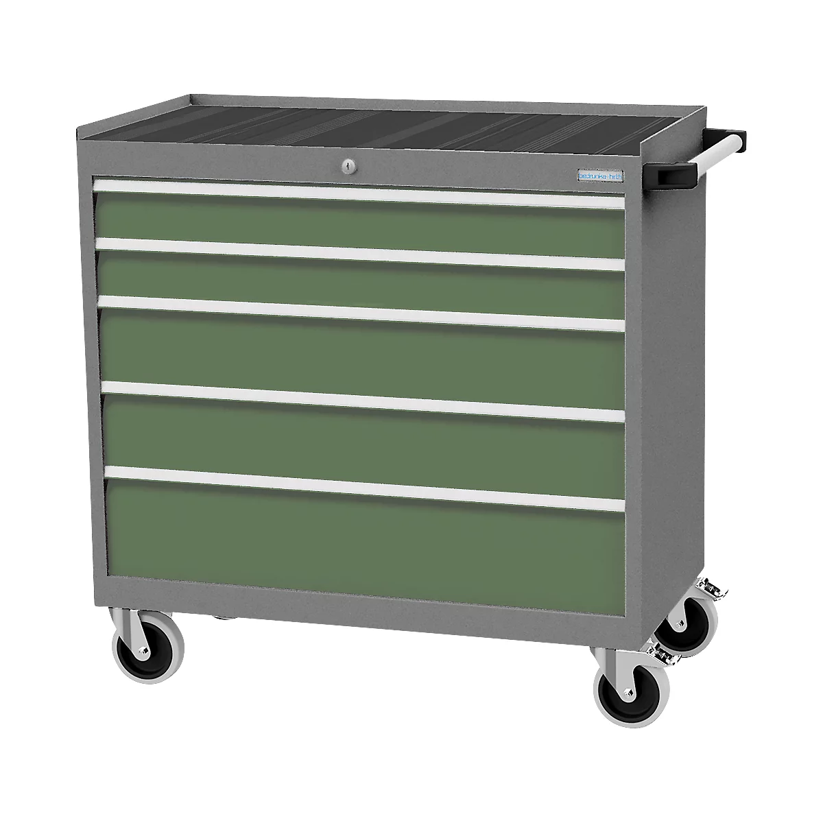 Mobiler Schubladenschrank Bedrunka+Hirth, 5 Schübe, Schiebegriff, abschliessbar, bis 500 kg, B 980 x T 500 x H 1000 mm, Stahlblech