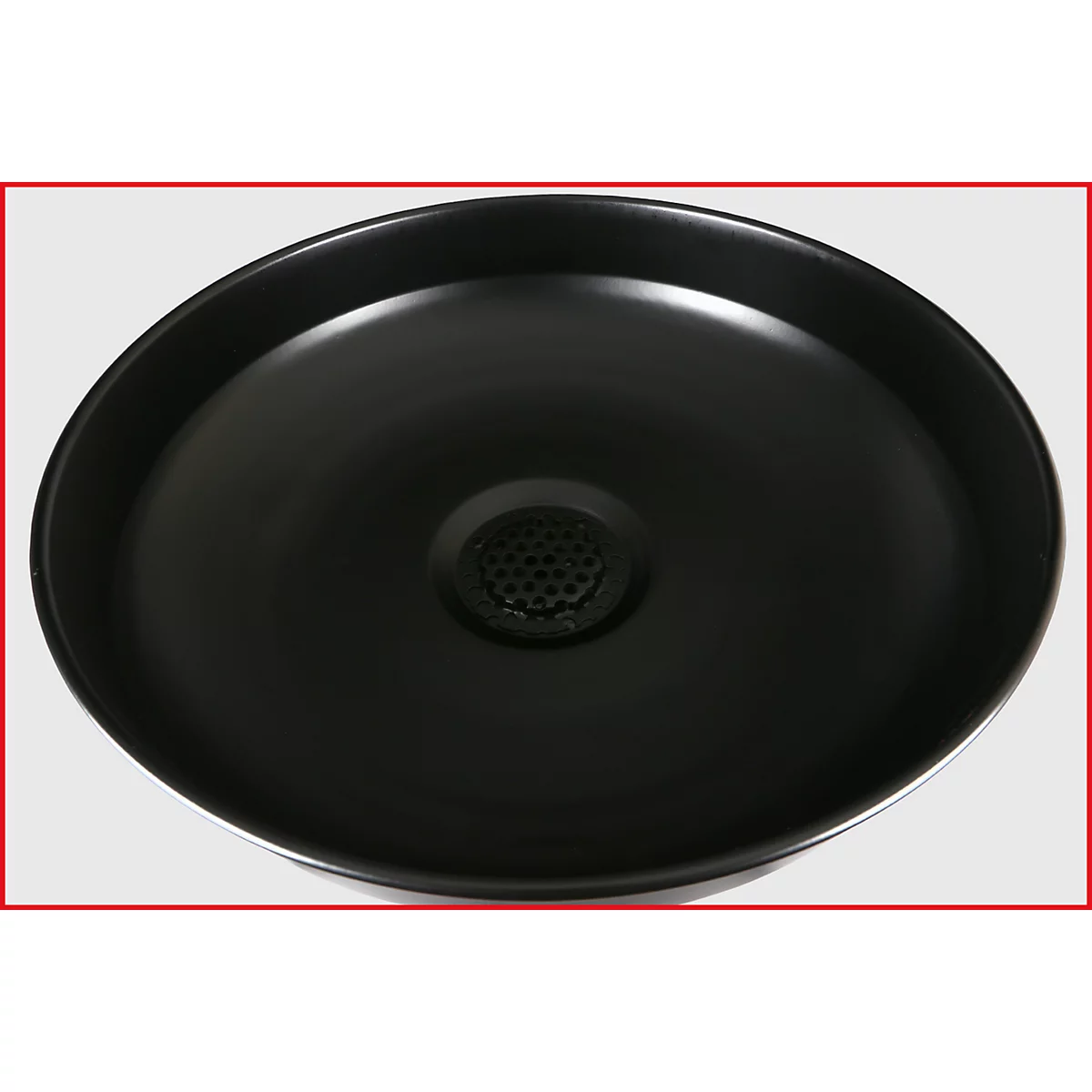 Schwarzes Waschbecken, runde Form, glatte Oberfläche, zentraler Abfluss.