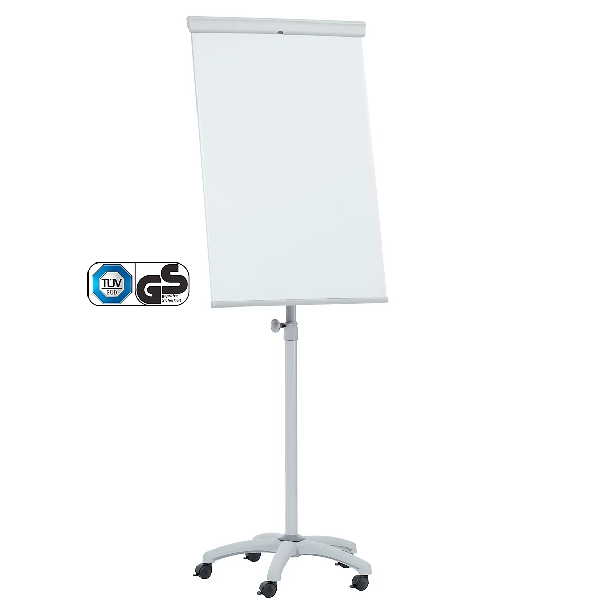 Mobiles Flipchart Franken X-tra!Line, höhenverstellbar, Schnellwechselhalterung, Ablageschale, magnethaftende Tafel mit B 680 x H 1050 mm, 5 Laufrollen