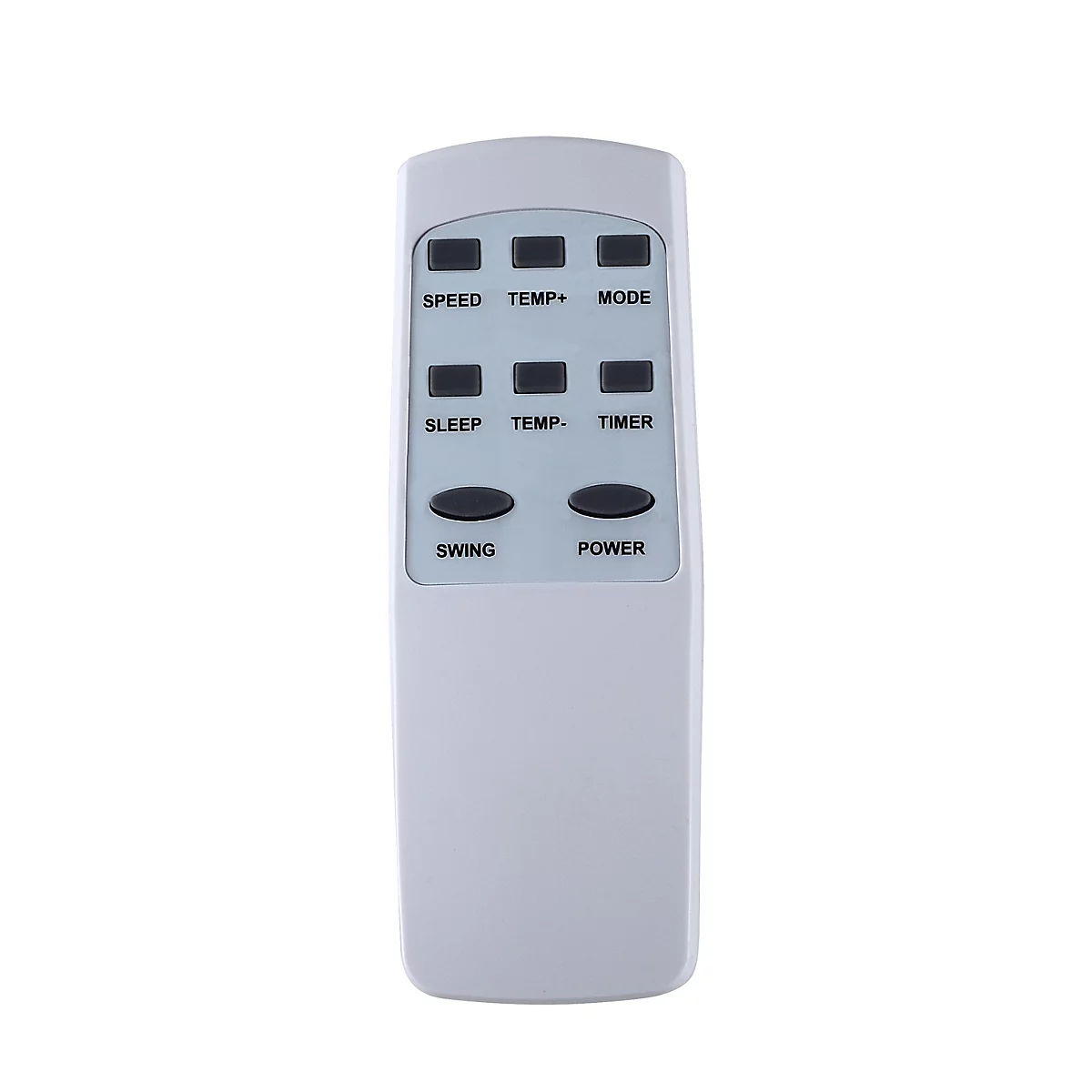 Graue Fernbedienung mit Tasten: Speed, Temp+, Mode, Sleep, Temp-, Timer, Swing, Power.