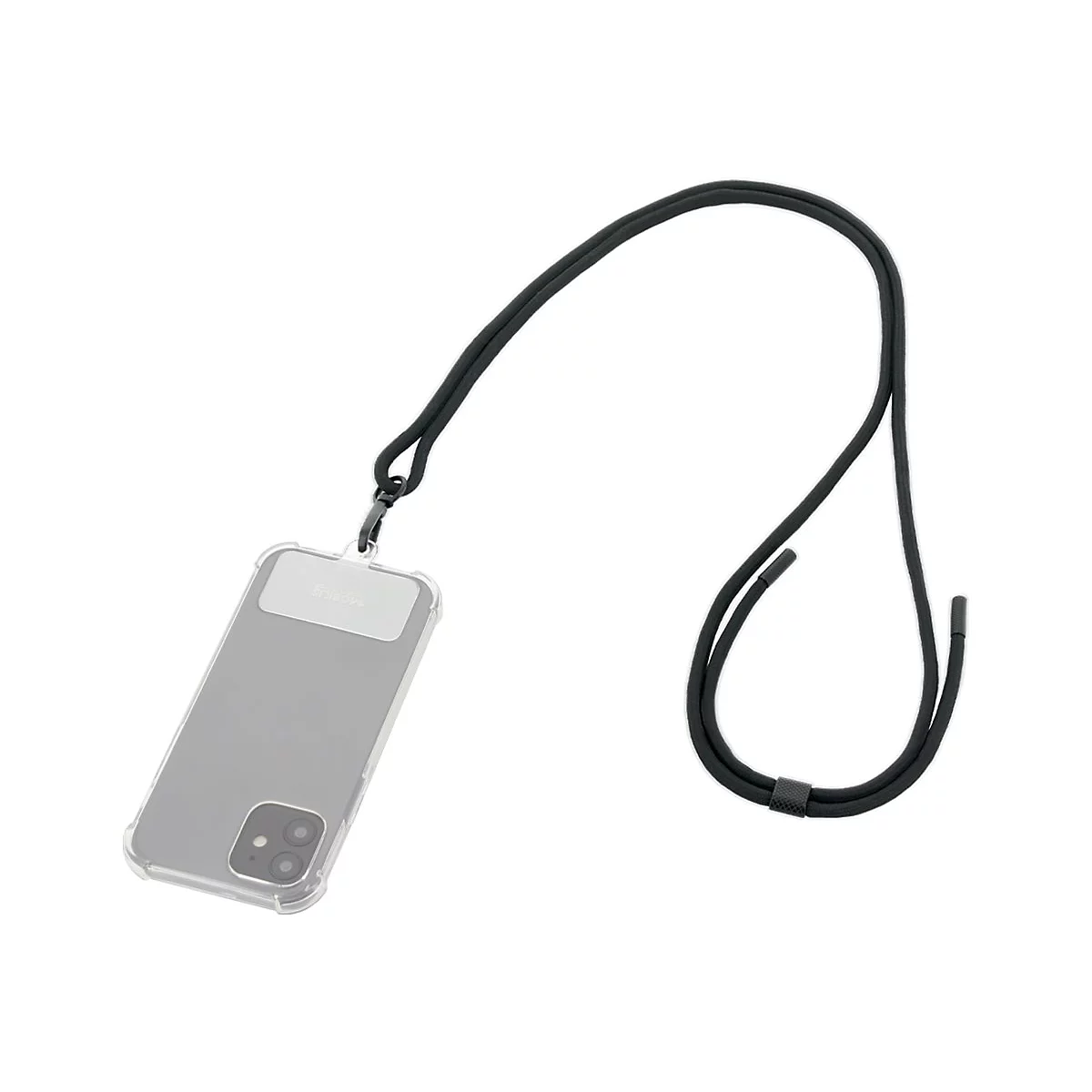 Coque de téléphone transparente avec lanière noire, placée sur fond blanc.