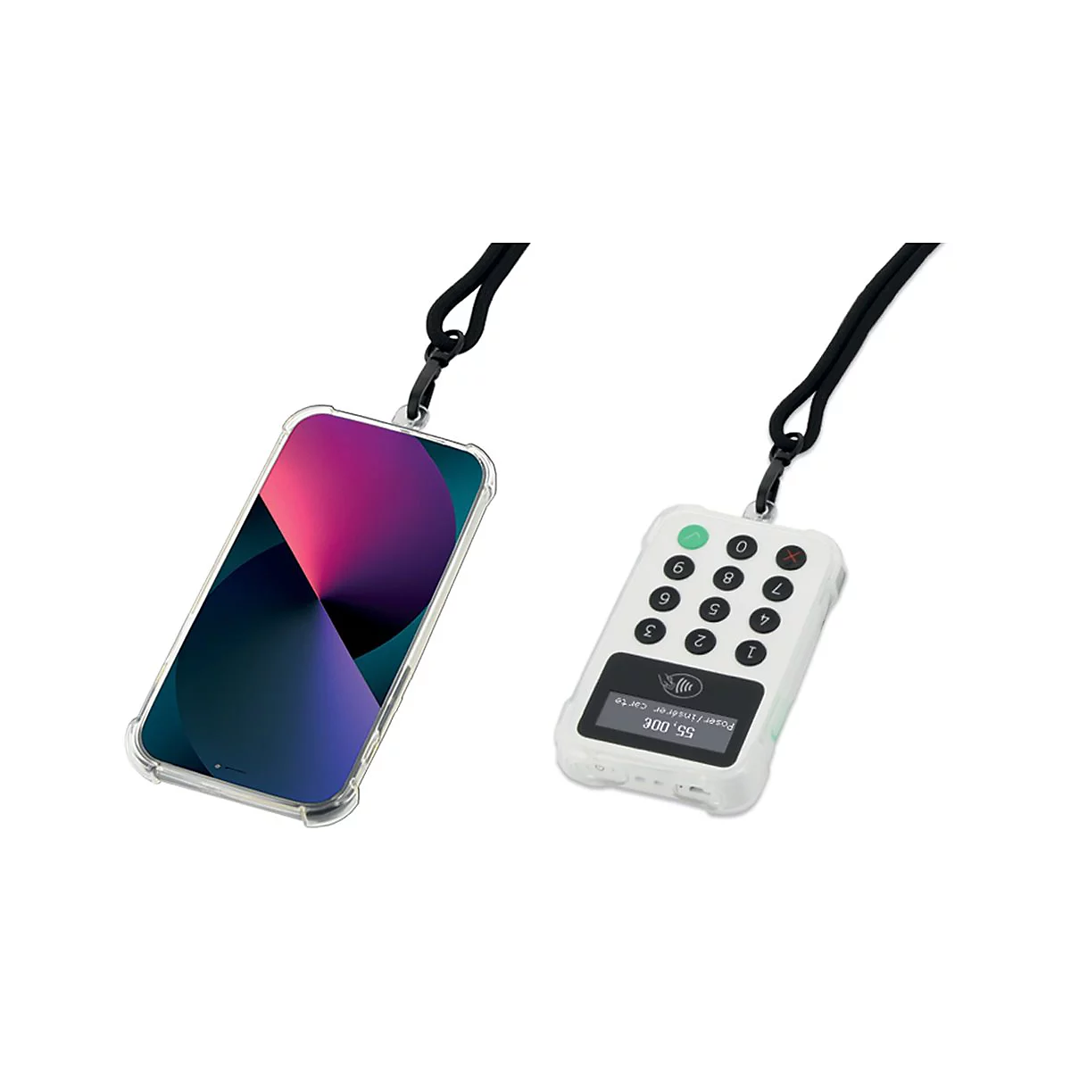 Deux appareils avec une sangle noire. À gauche, un smartphone avec étui, à droite, un appareil blanc avec des chiffres et un écran.