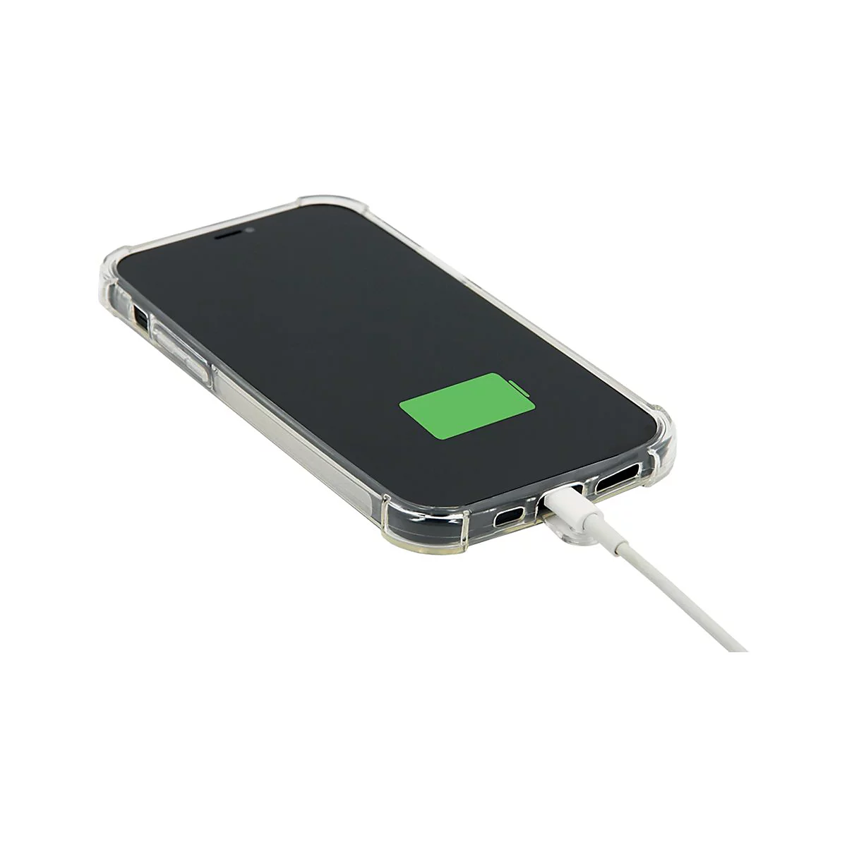 Smartphone dans un étui de protection transparent. Le téléphone se charge avec un câble. L'écran affiche un symbole de batterie vert.