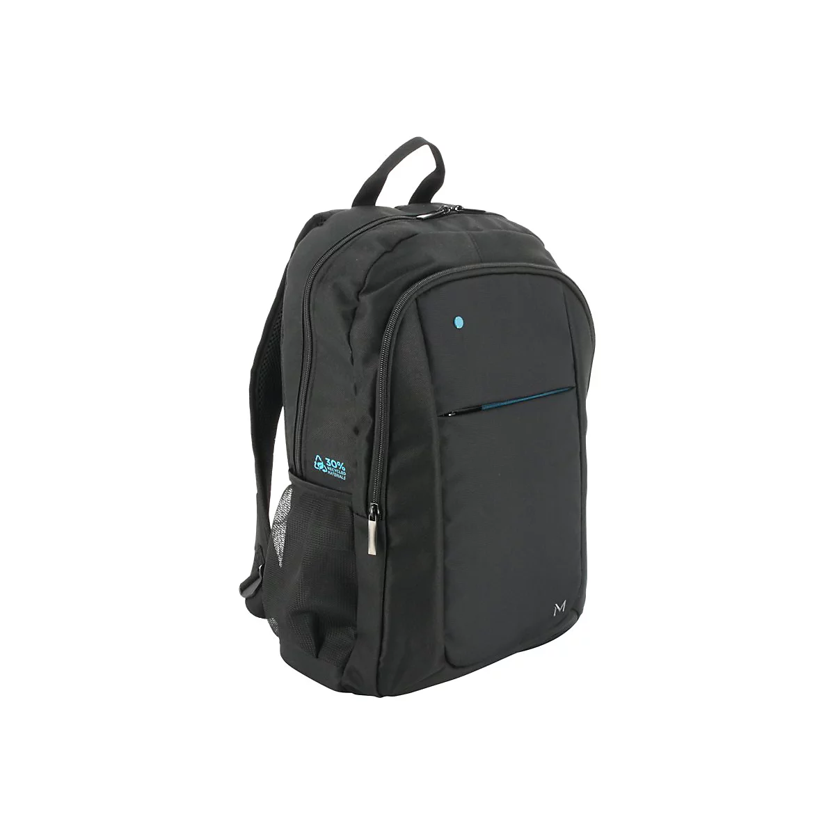 Sac à dos noir avec des touches de bleu, des fermetures éclair et le logo 'M'. Il a une poche latérale et une étiquette indiquant '30% de matériaux recyclés'.