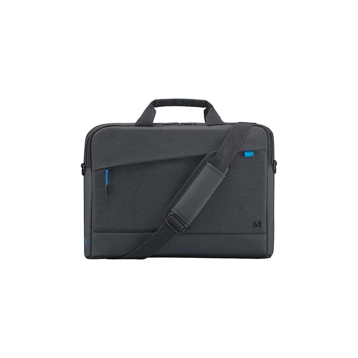 Sacoche pour ordinateur portable gris foncé avec poignée et bandoulière. Fermeture éclair et accents bleus.