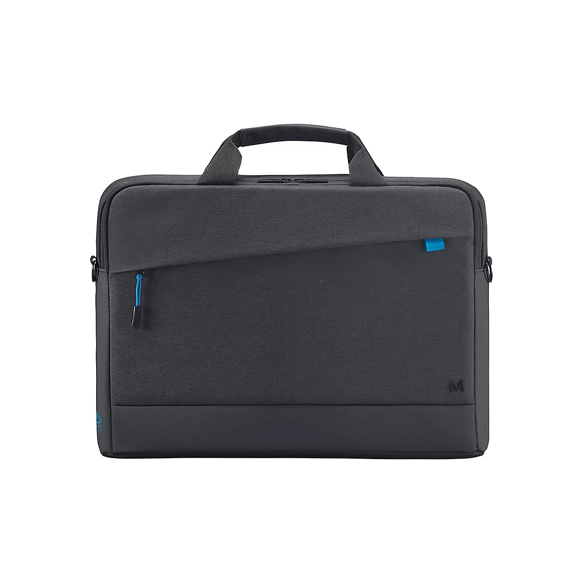 Sacoche pour ordinateur portable gris foncé avec poignée, fermeture éclair et touches de bleu.