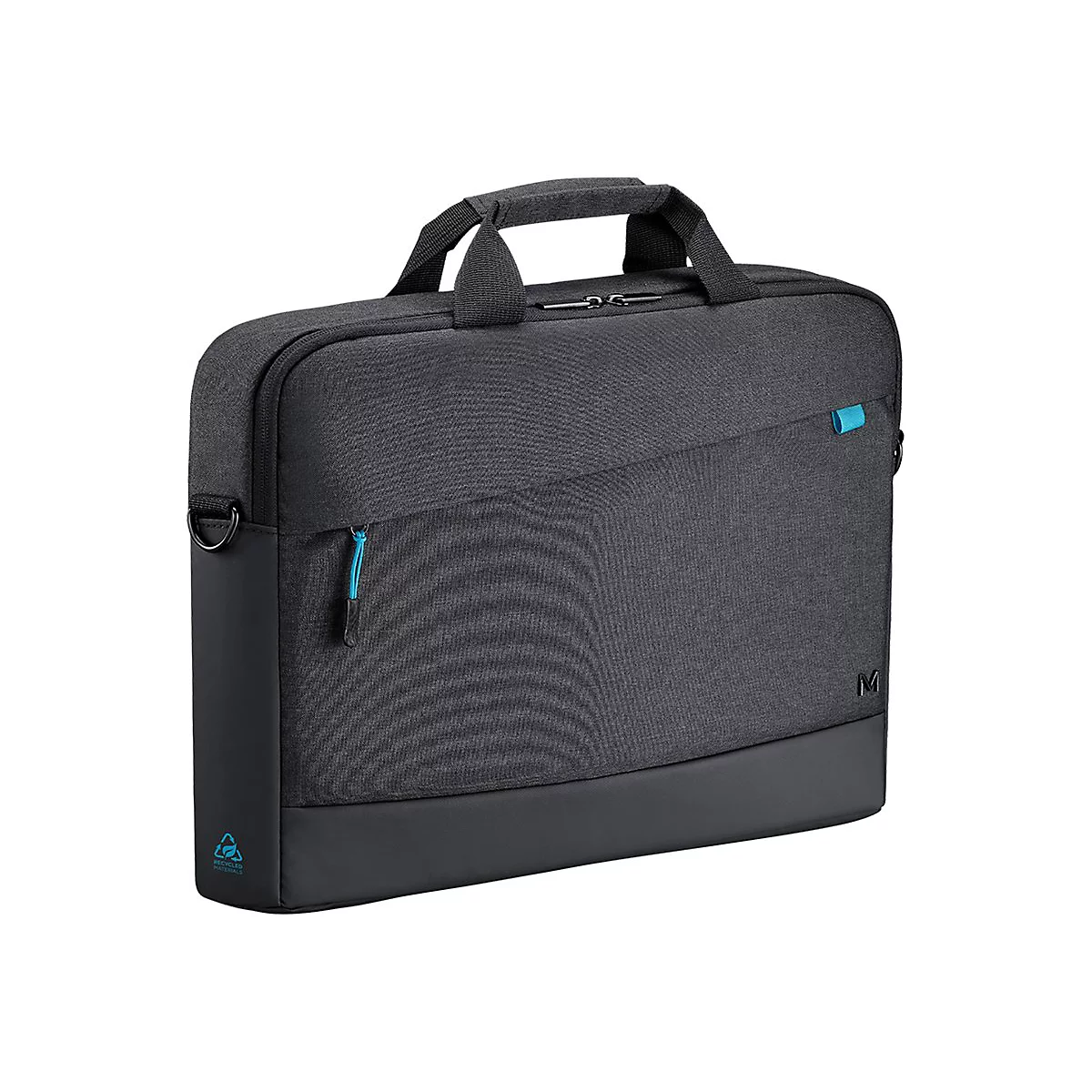 Sacoche pour ordinateur portable gris foncé avec fermeture éclair et détails bleus. Poignée sur le dessus, petite poche devant, logo en bas.