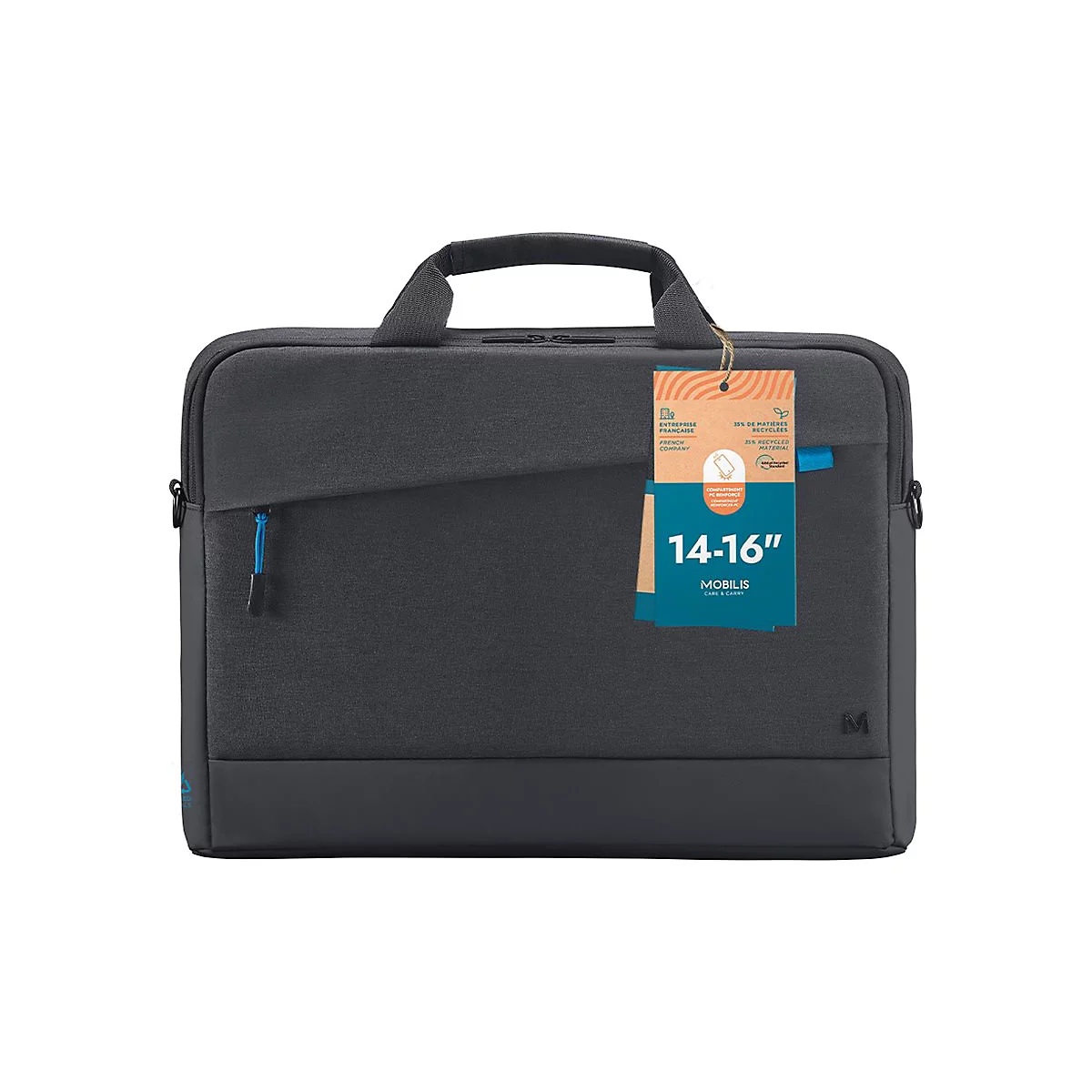 Sacoche d'ordinateur portable gris foncé avec poignée et fermeture éclair. Une étiquette indique la taille 14-16".