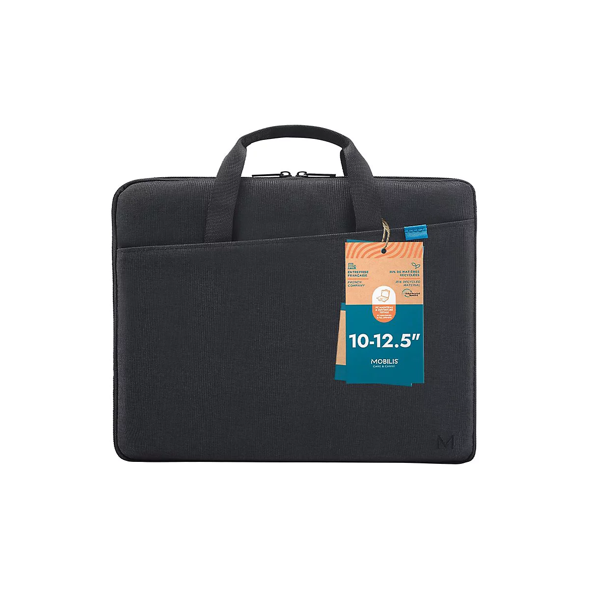 Sacoche pour ordinateur portable gris foncé avec poignée et étiquette. L'étiquette affiche les dimensions, le fabricant et les détails de durabilité.