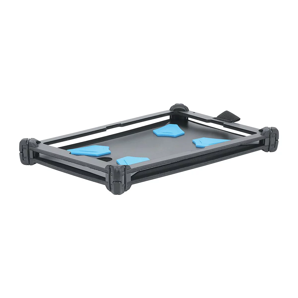 Étui de tablette noir avec supports bleus et sangle velcro. Attaches latérales, massives.