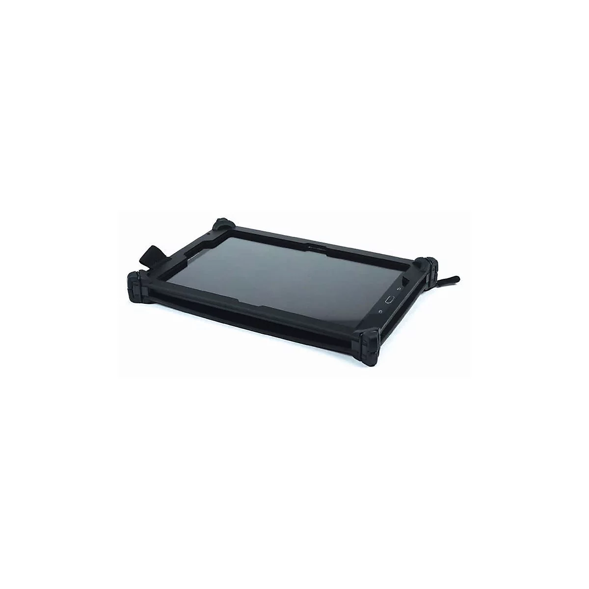Tablette noire dans un étui de protection, sur fond blanc. L'étui est robuste et équipé d'une sangle de main.