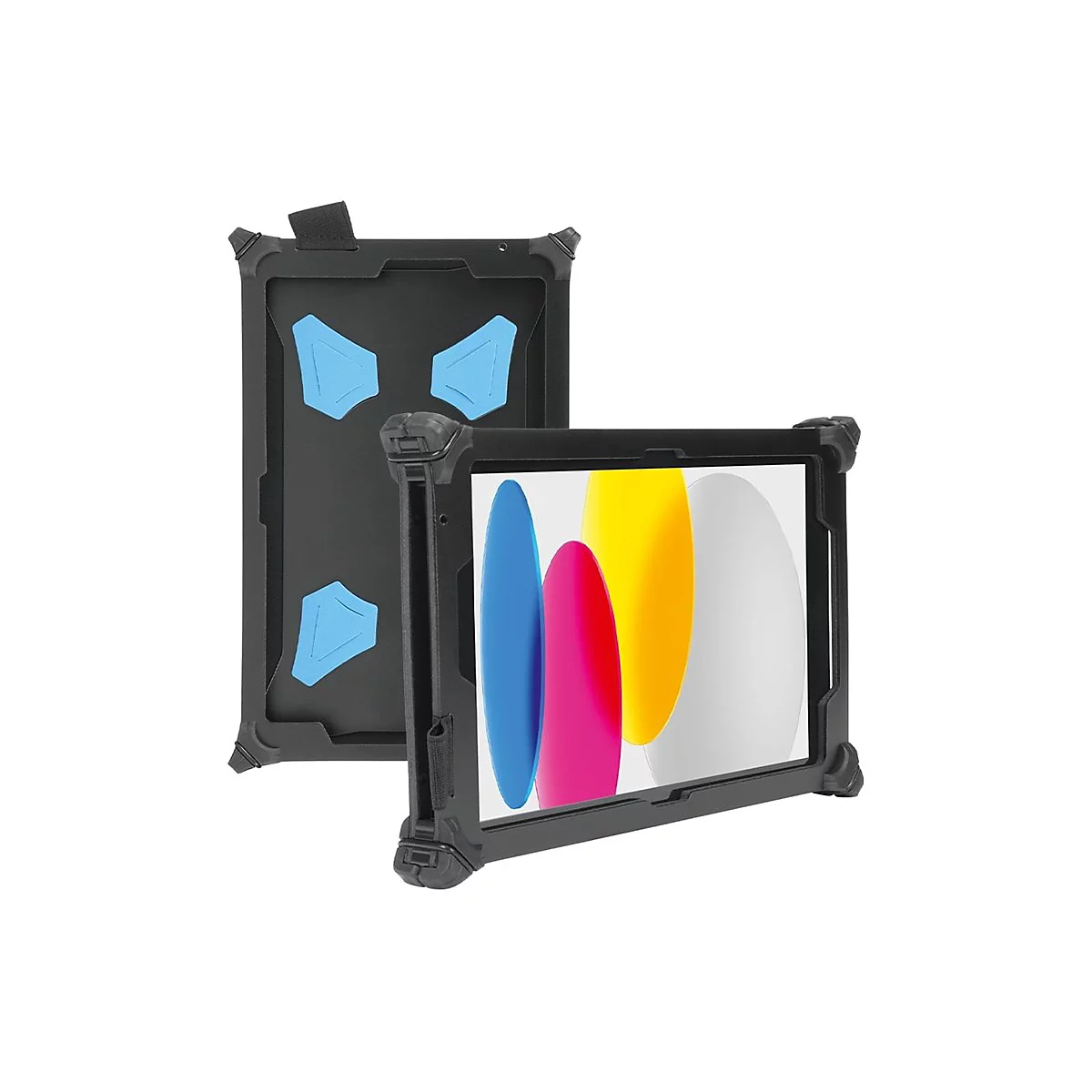 Housse de tablette noire, accentuée de bleu, avec une tablette affichant le logo Apple.