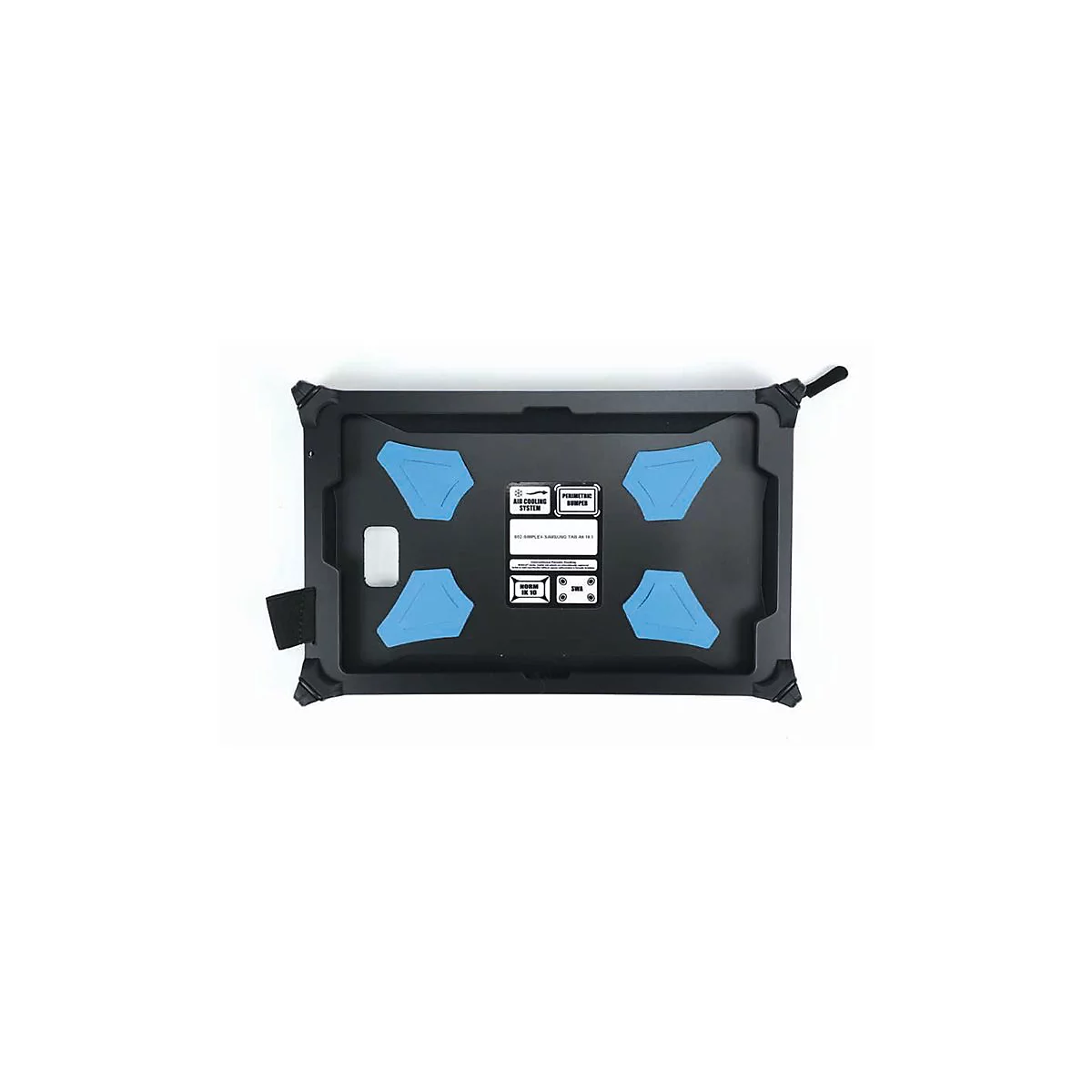 Housse de protection noire pour tablette, avec des éléments bleus et des inscriptions. Des coussinets bleus sont fixés à la housse.