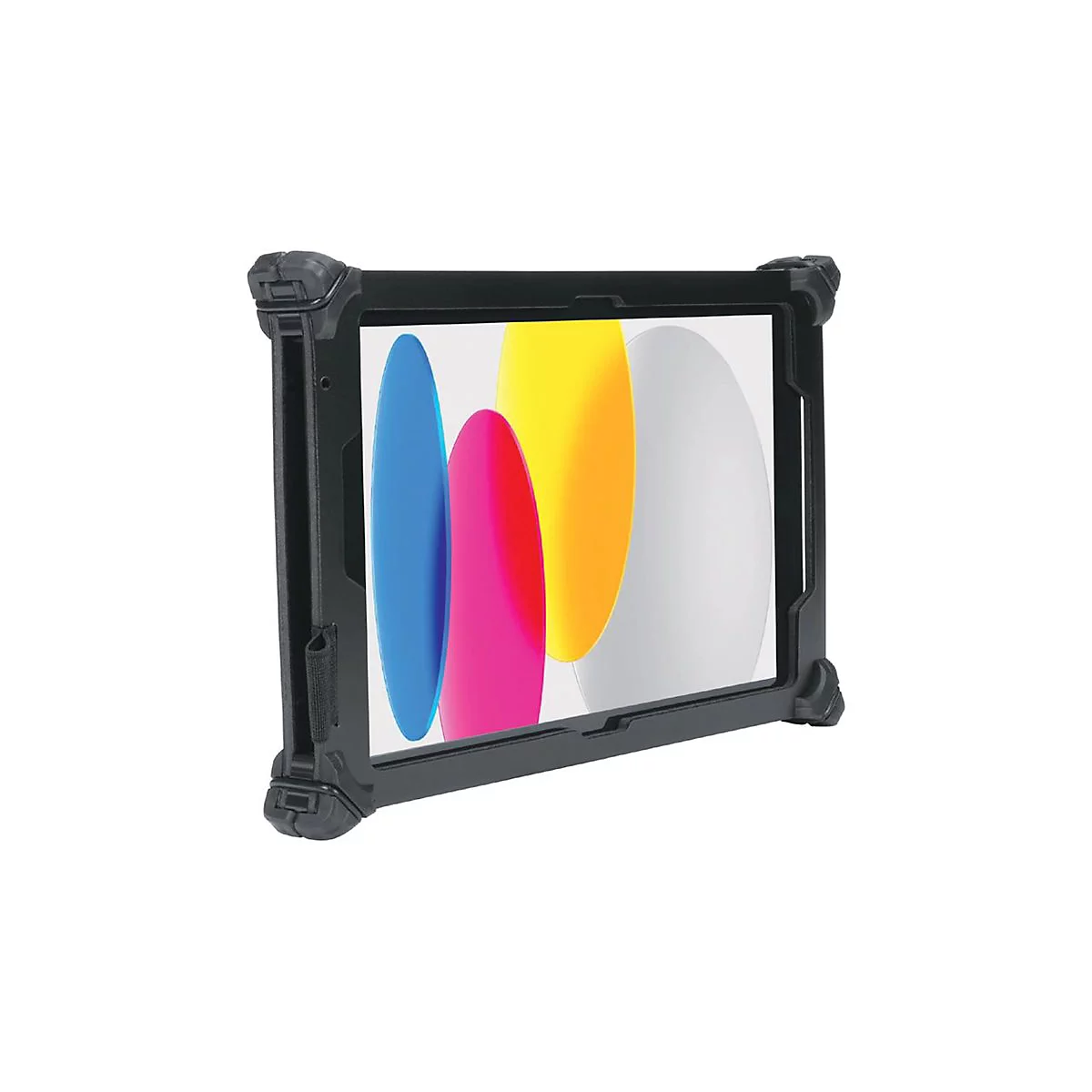 Étui de tablette noir avec écran de tablette. Couleurs de l'écran : bleu, rose, jaune, blanc. L'étui est anguleux et possède une boucle.