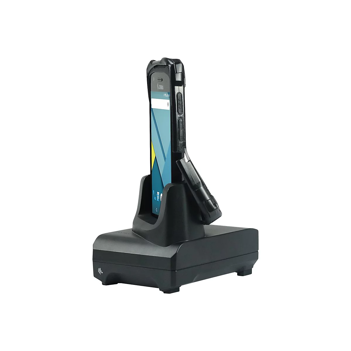 Un smartphone noir dans un support avec dispositif de chargement incliné. L'écran affiche des formes géométriques bleues et jaunes.