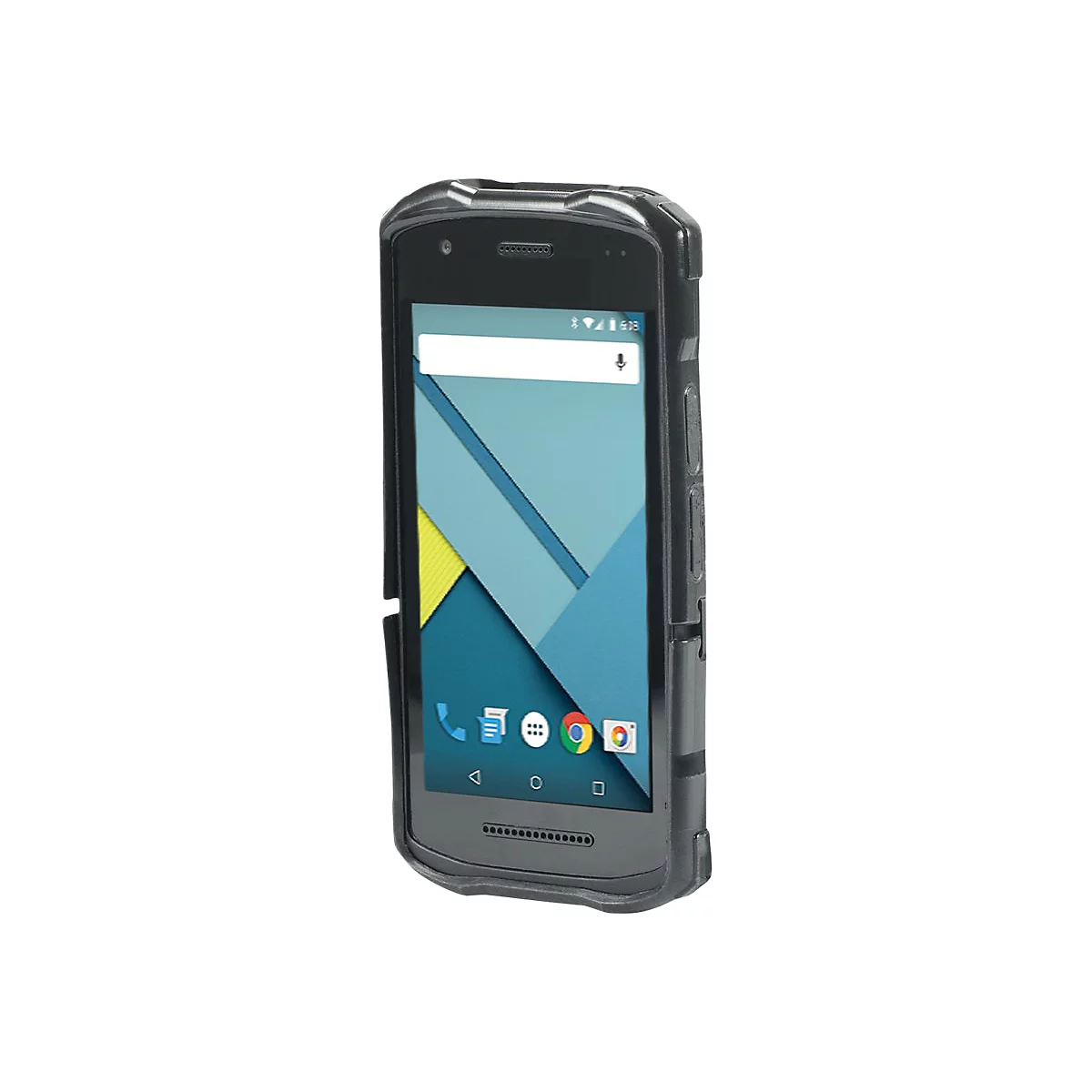 Smartphone noir dans un étui de protection, écran avec icônes d'applications. L'heure est affichée. Fond blanc.