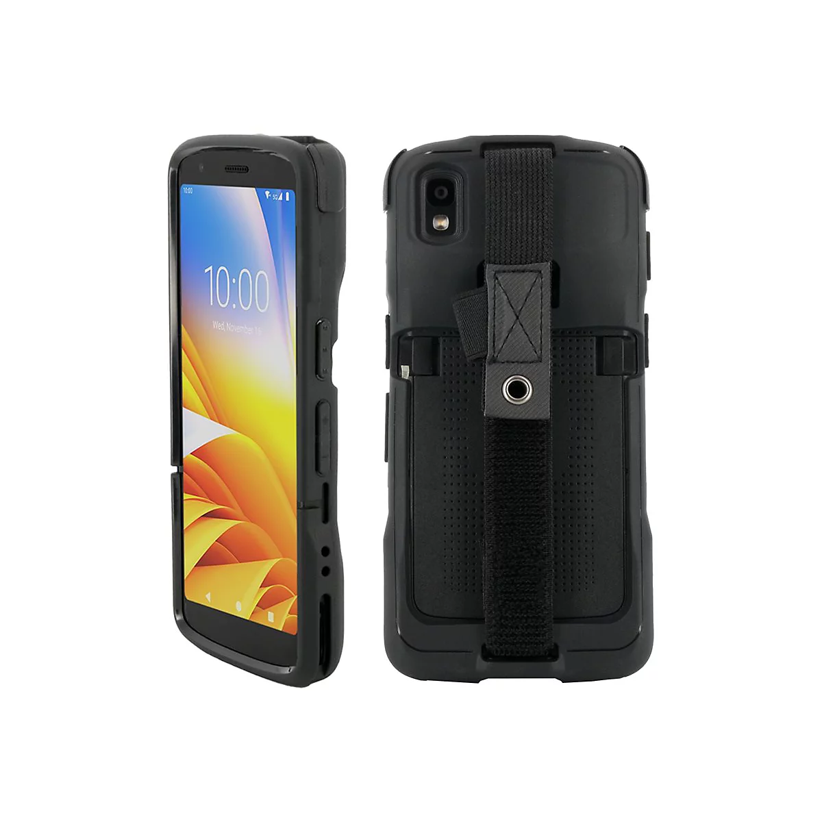 Smartphone dans un étui de protection noir indiquant l'heure 10h00, mercredi 16 novembre.