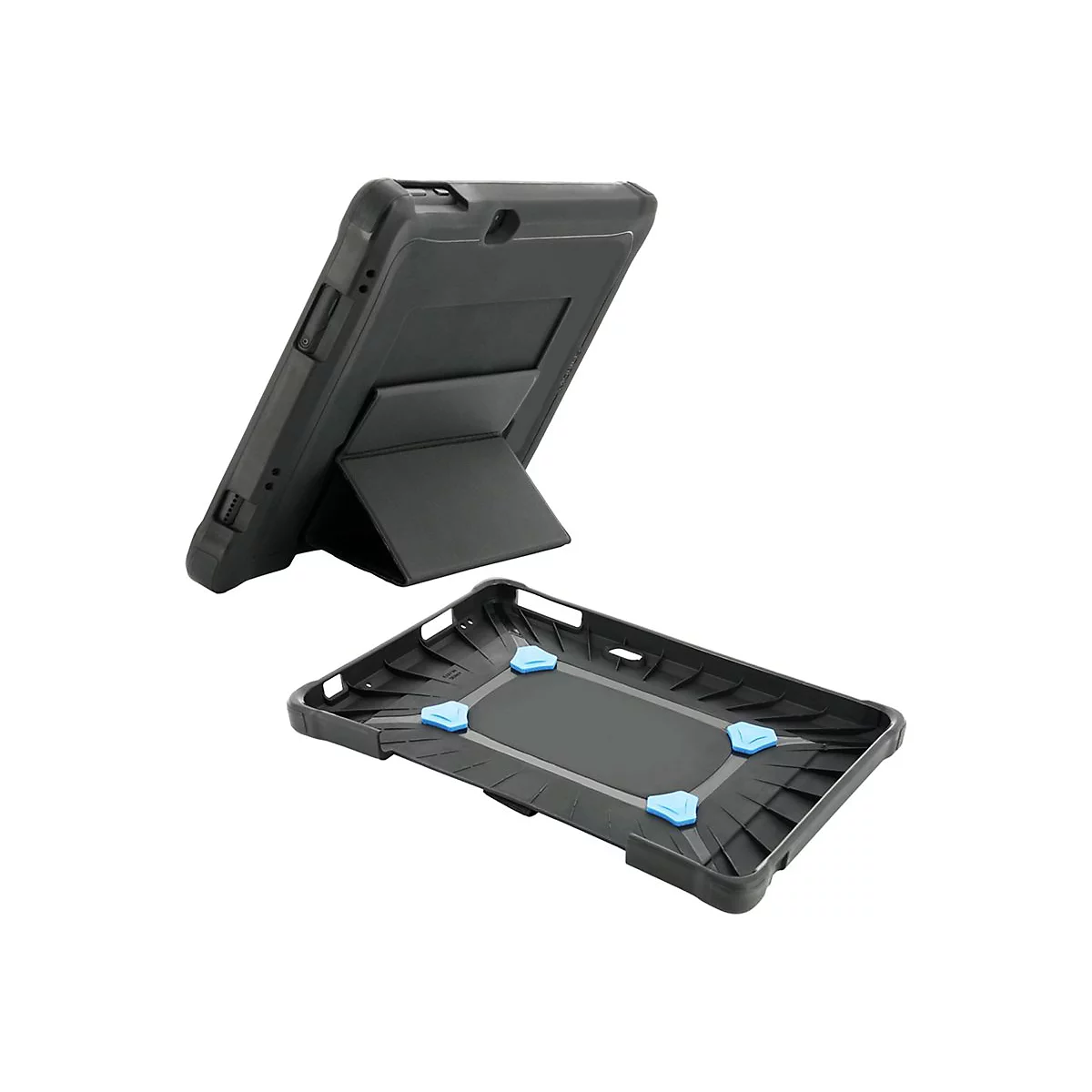 Étui de protection pour tablette noir. Deux parties : étui avec supports bleus et tablette avec support, tous deux noirs, sur fond blanc.