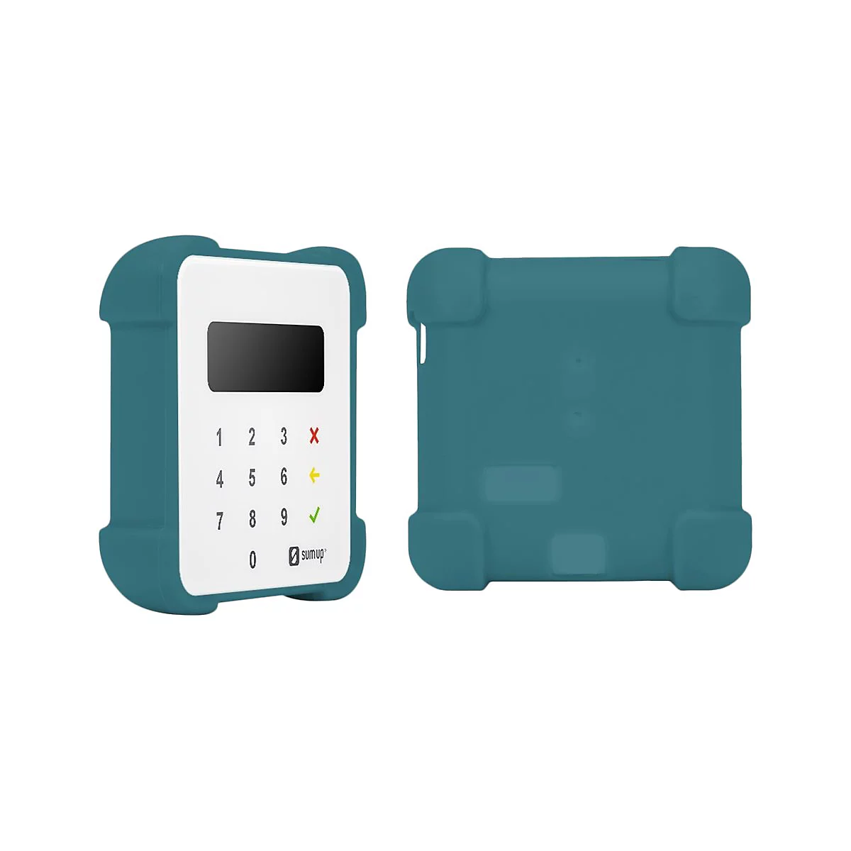 Deux lecteurs de cartes SumUp bleus. L'un montre les boutons, l'écran et le logo, l'autre montre le dos.
