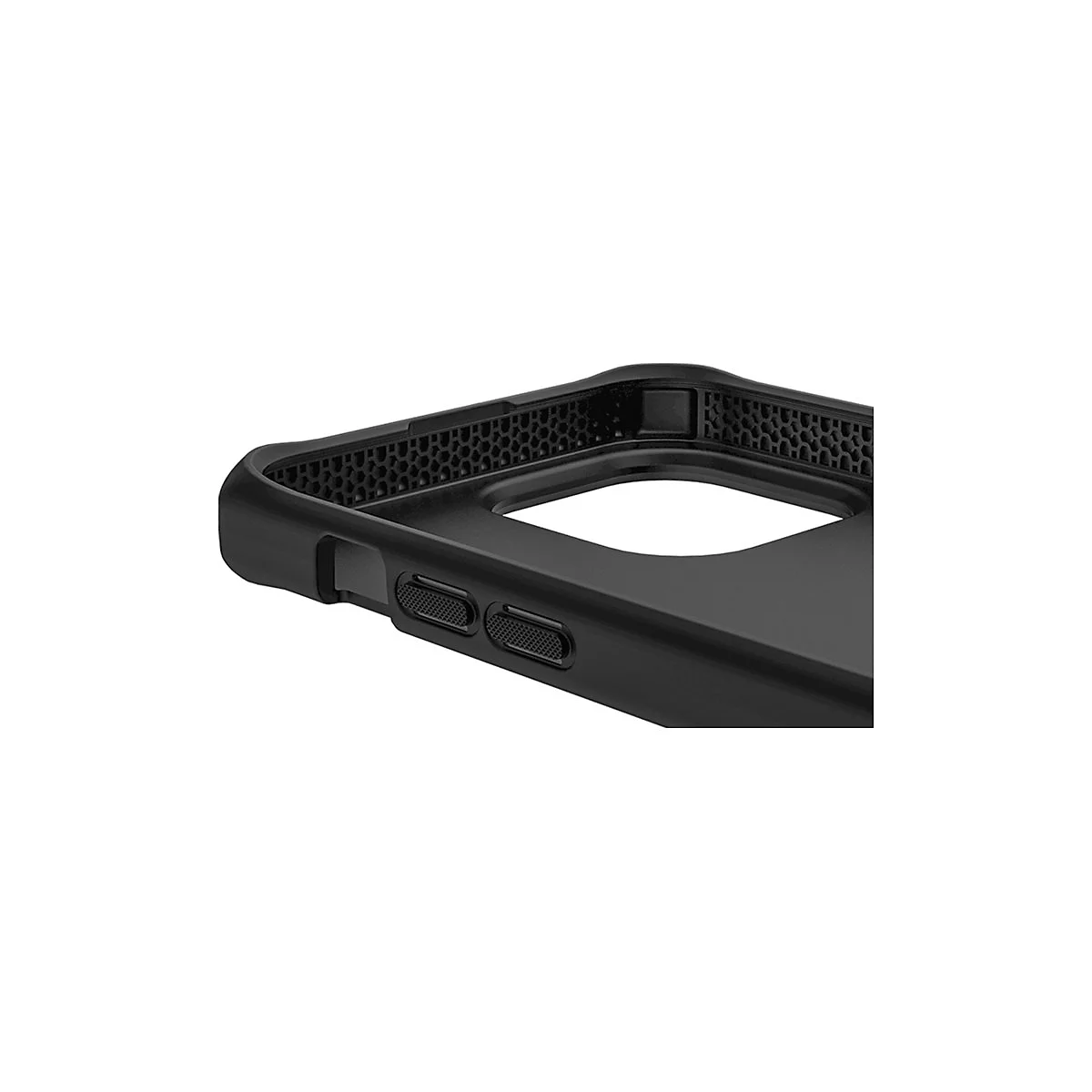 Gros plan d'une coque de téléphone noire. L'étui a des boutons texturés et un design en nid d'abeille.