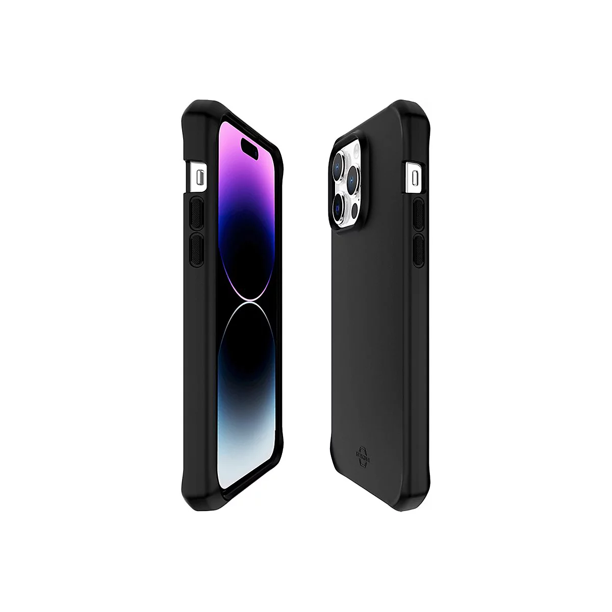 Deux coques de téléphone noires, disposées en diagonale. Les détails incluent les boutons et le module caméra. Le fond est blanc.