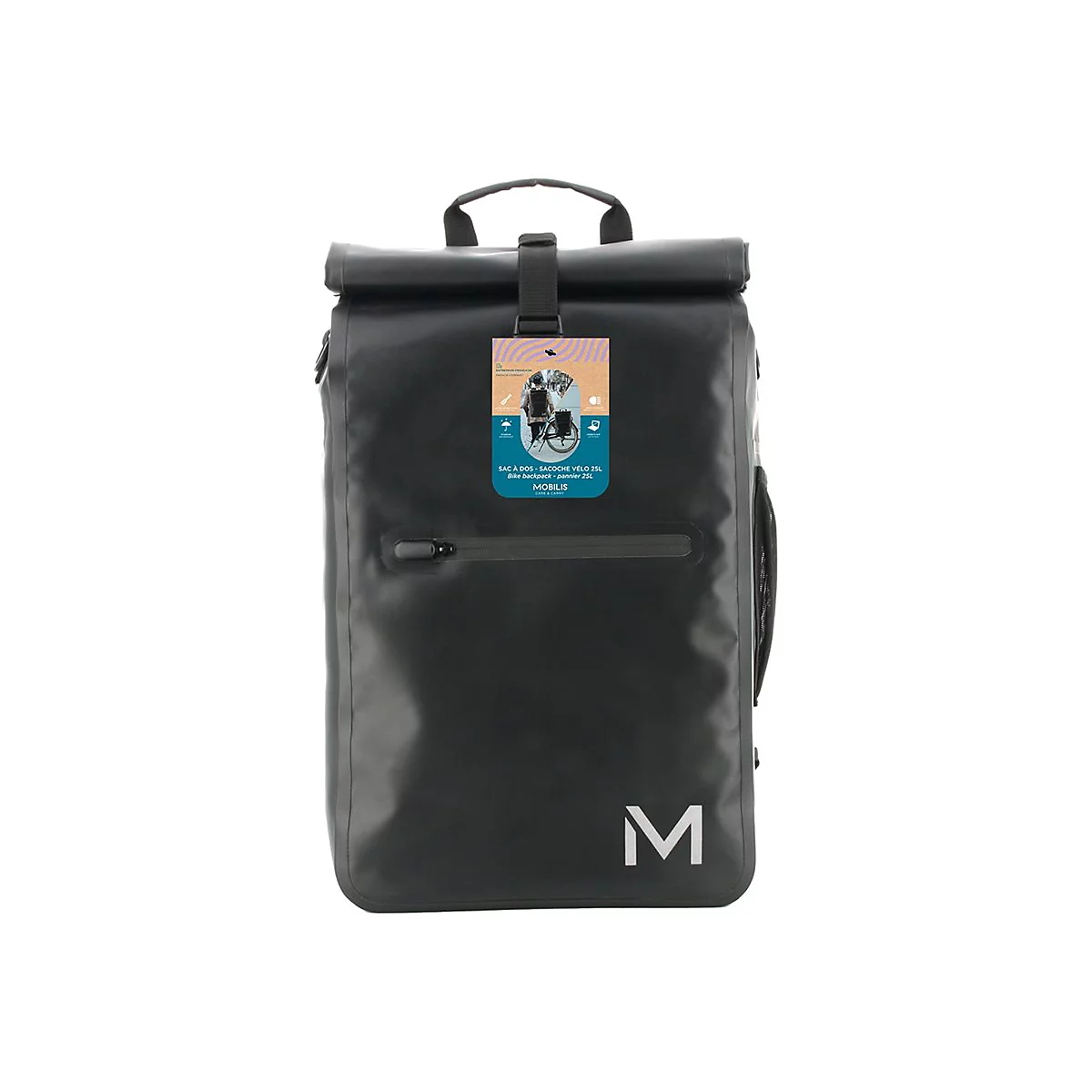 Sac à dos de vélo noir avec fermeture à enroulement. Sur le devant, une étiquette avec des informations sur le produit et le logo.