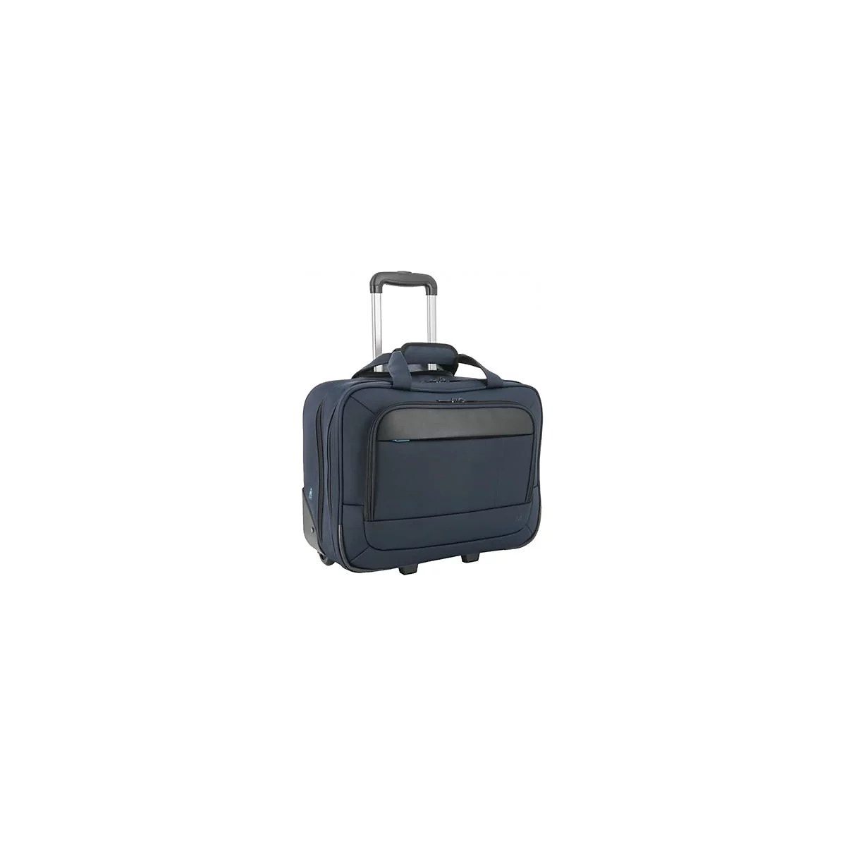 Valise roulante bleue avec poignée noire et perche télescopique. La valise est devant un fond blanc.