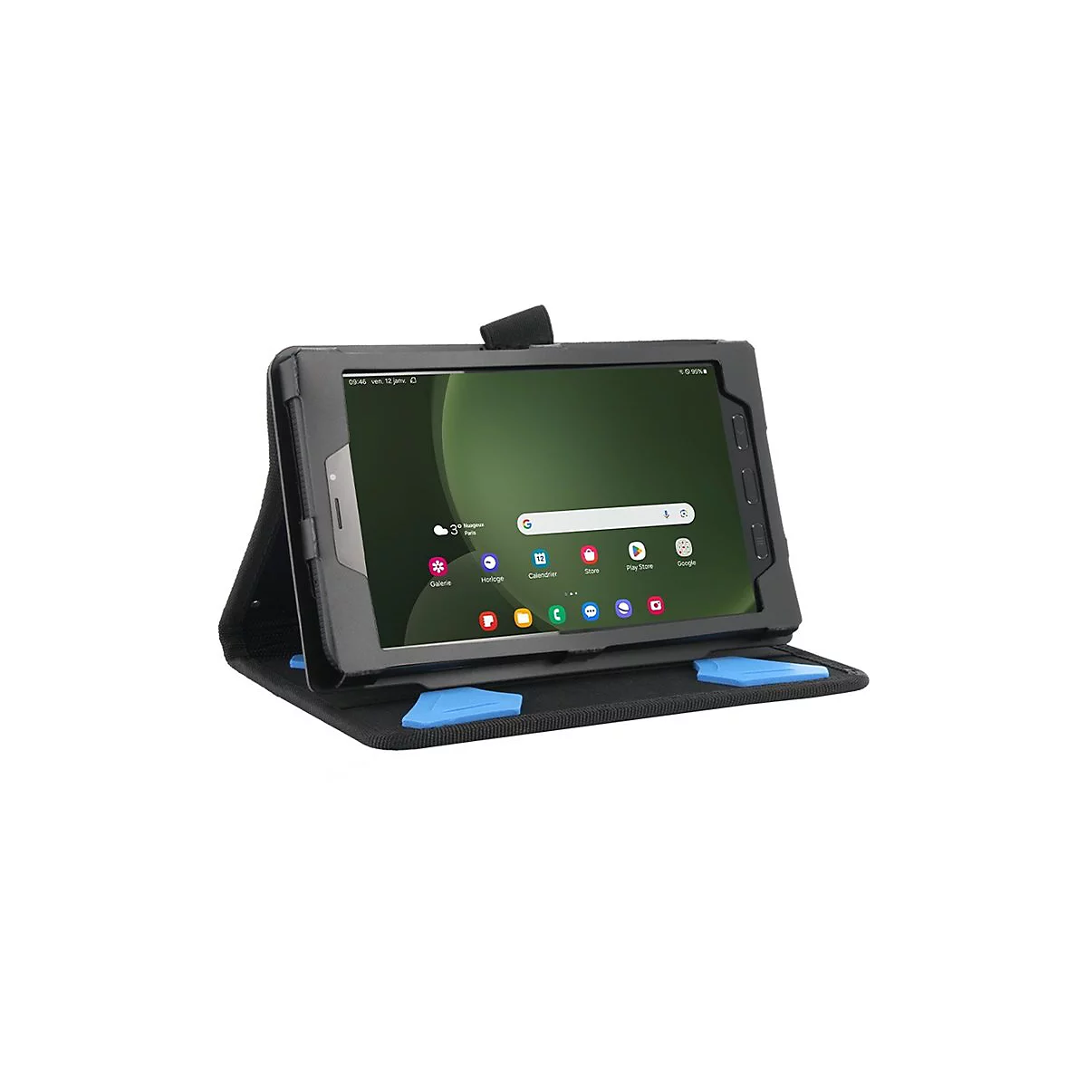 Schwarze Tablet-Hülle mit Tablet, Display mit App-Symbolen. Blaue Halterungen und Verschluss. Wetteranzeige: 3 Grad, bewölkt.