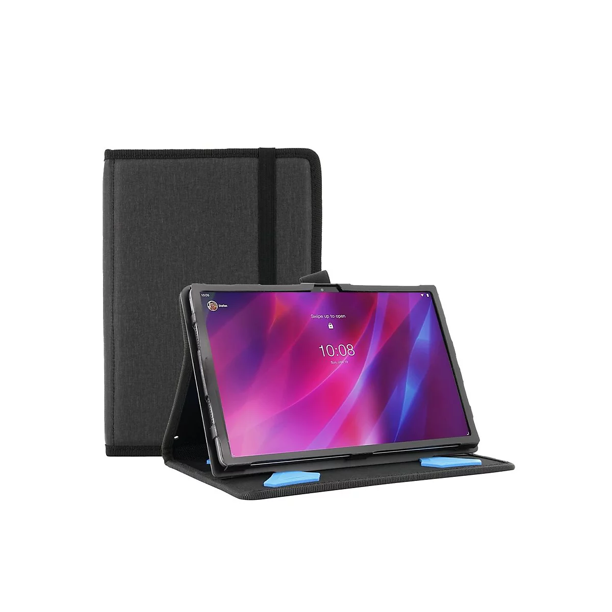 Tablet in grauer Schutzhülle aufgestellt, mit hellem, abstraktem pink-blauem Displayhintergrund.