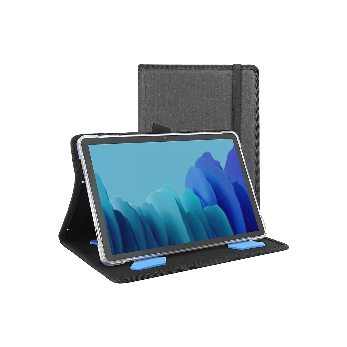 Schwarzes Tablet in Schutzhülle. Das Tablet ist im geöffneten Zustand abgebildet und wird von einer Halterung gehalten.