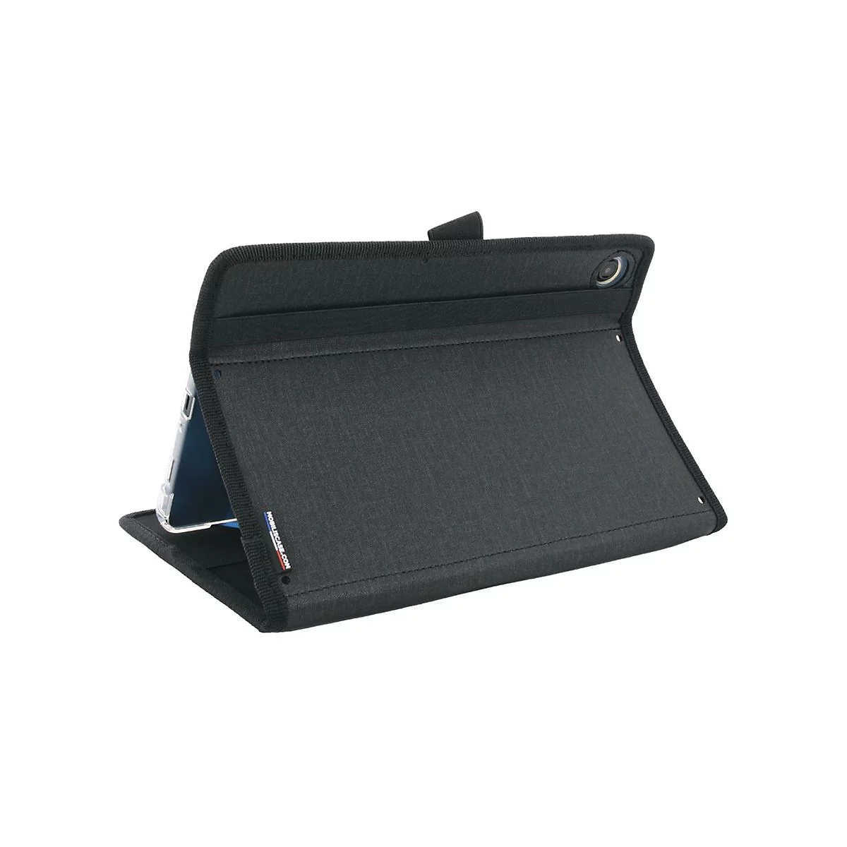 Schwarze Tablet-Hülle, die ein Tablet umschließt, leicht angewinkelt, Text von mobilecase.com.