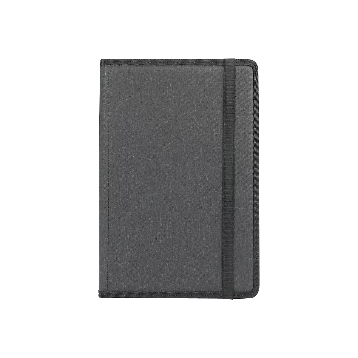 Dunkelgraues Notizbuch mit schwarzem Gummibandverschluss vor weißem Hintergrund.