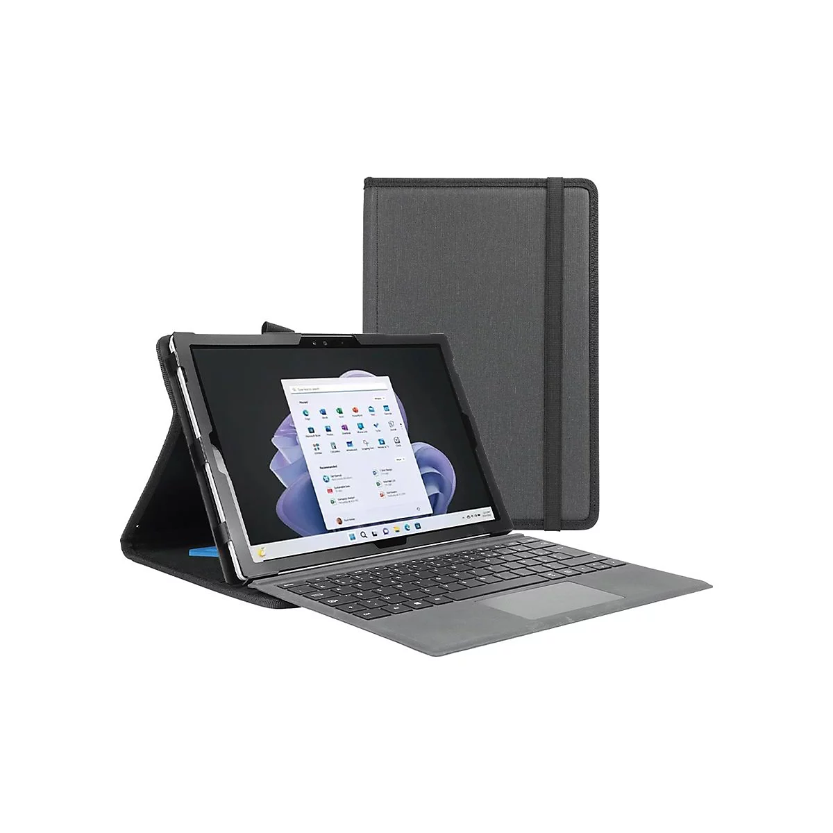 Graues Tablet mit Tastatur und Hülle, geöffnet. Auf dem Bildschirm ist das Windows-Startmenü zu sehen.